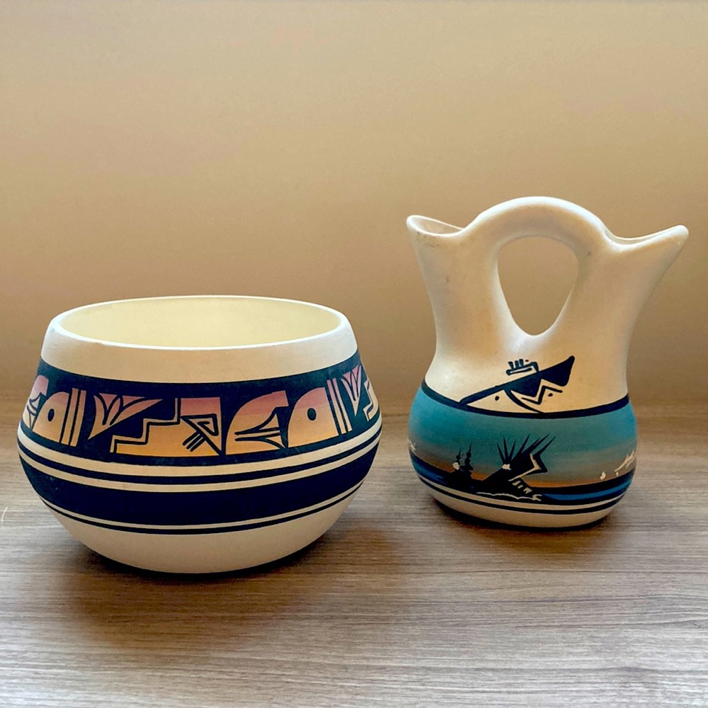 Two Navajo display bowl vase R jones M Kanuho